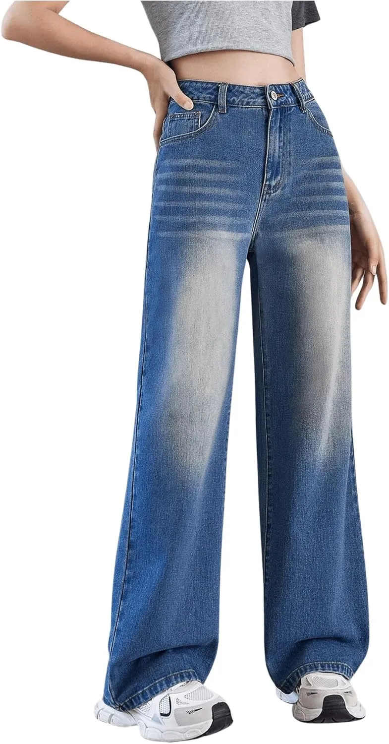 MakeMeChic Girl's Denim Pants High Waisted Straight Leg Jeans with Pockets