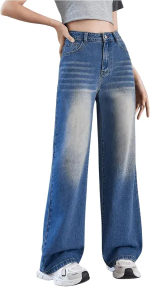 MakeMeChic Girl's Denim Pants High Waisted Straight Leg Jeans with Pockets
