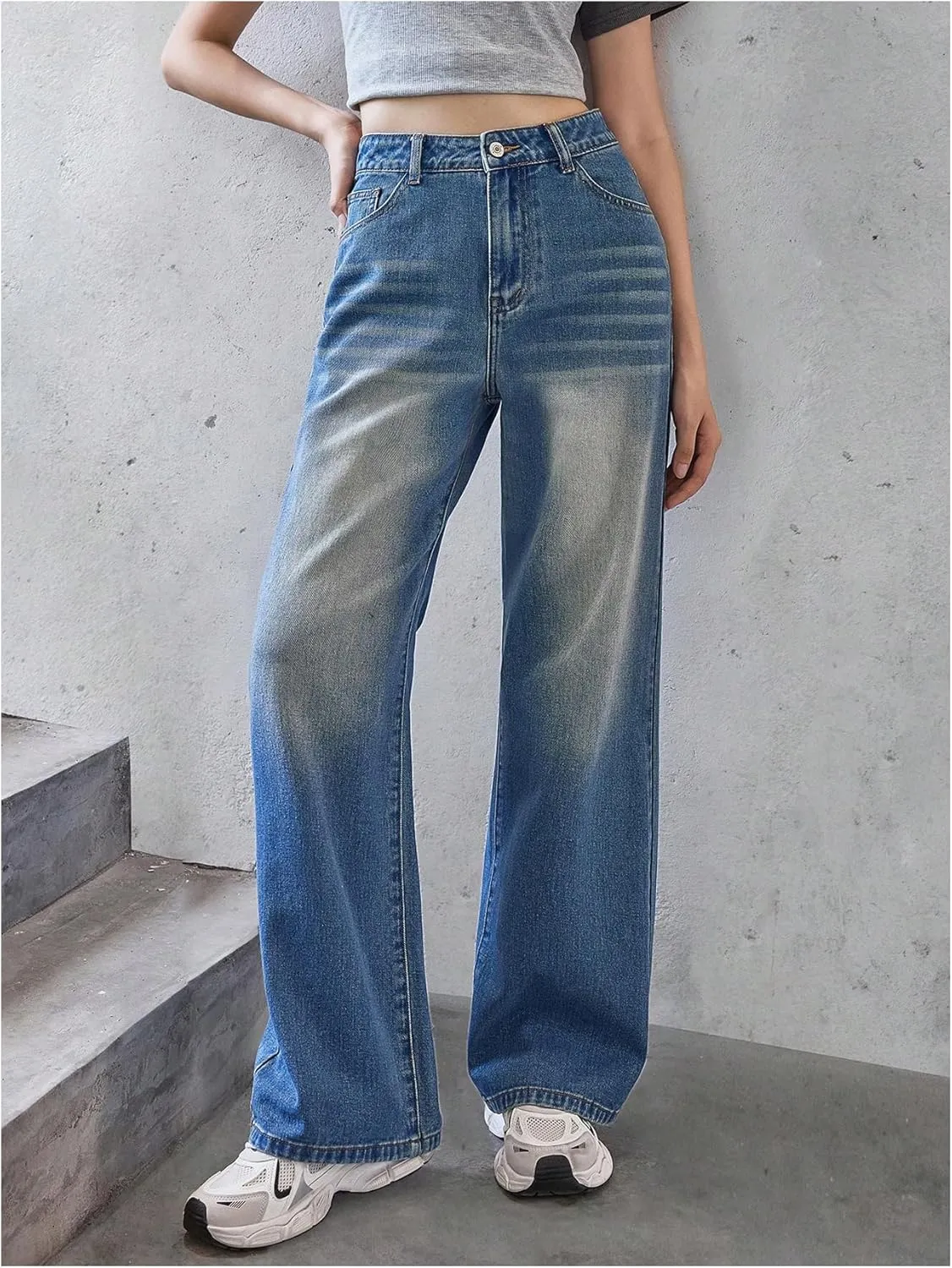 MakeMeChic Girl's Denim Pants High Waisted Straight Leg Jeans with Pockets