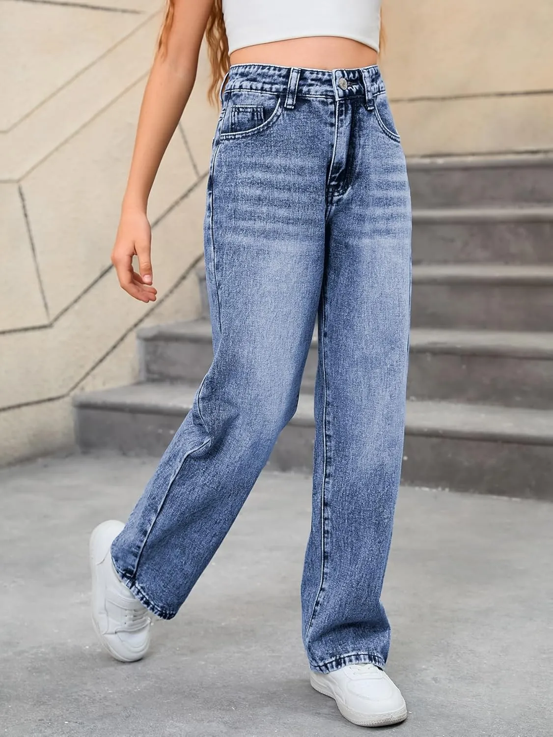 MakeMeChic Girl's Denim Pants High Waisted Straight Leg Jeans with Pockets