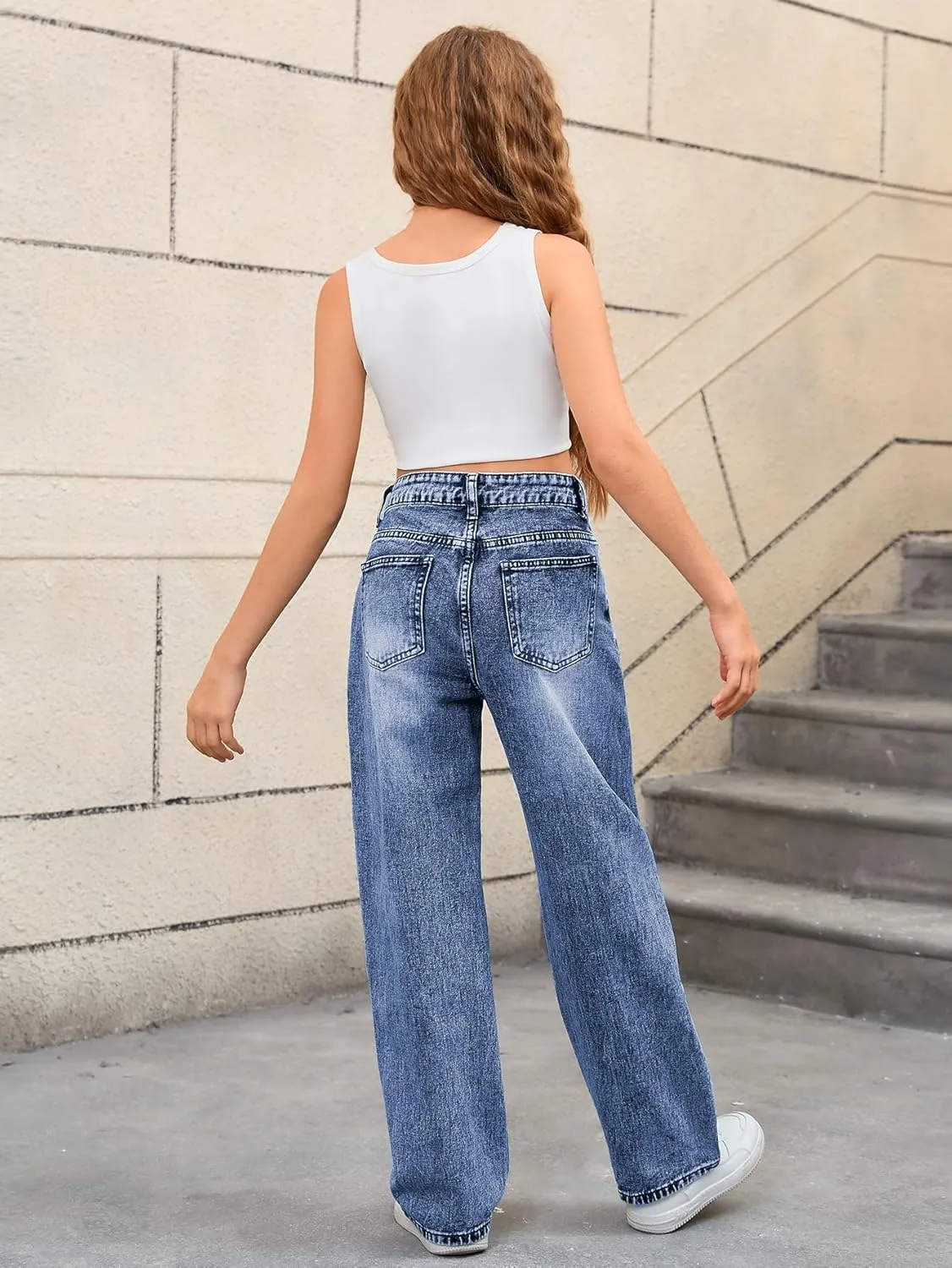 MakeMeChic Girl's Denim Pants High Waisted Straight Leg Jeans with Pockets
