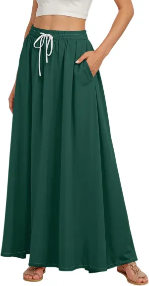 Maxi Floral Flare Skirts for Women 2025 Boho A Line Skirt Long Flowy Smocked High Elastic Waist Skort with Pockets