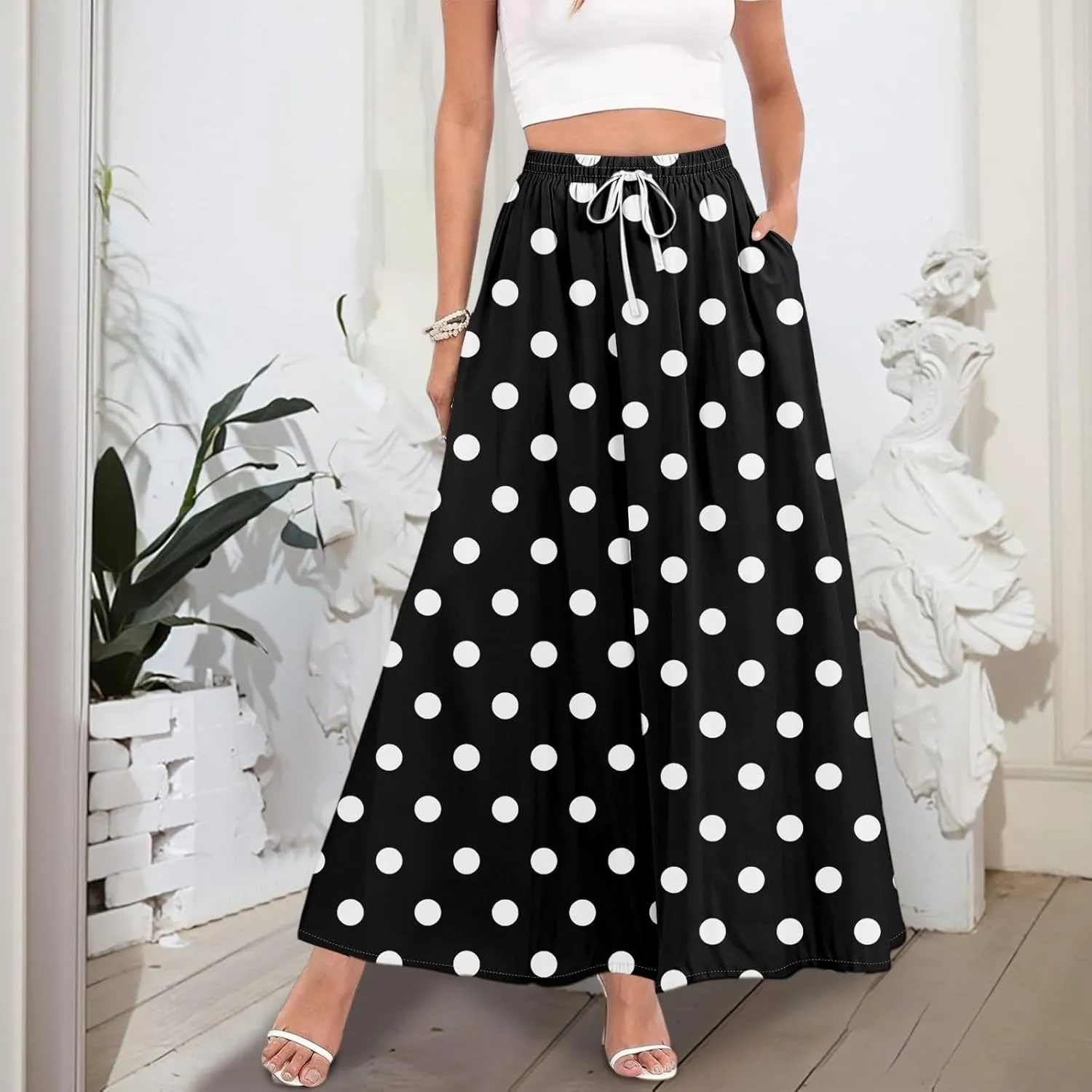 Maxi Floral Flare Skirts for Women 2025 Boho A Line Skirt Long Flowy Smocked High Elastic Waist Skort with Pockets