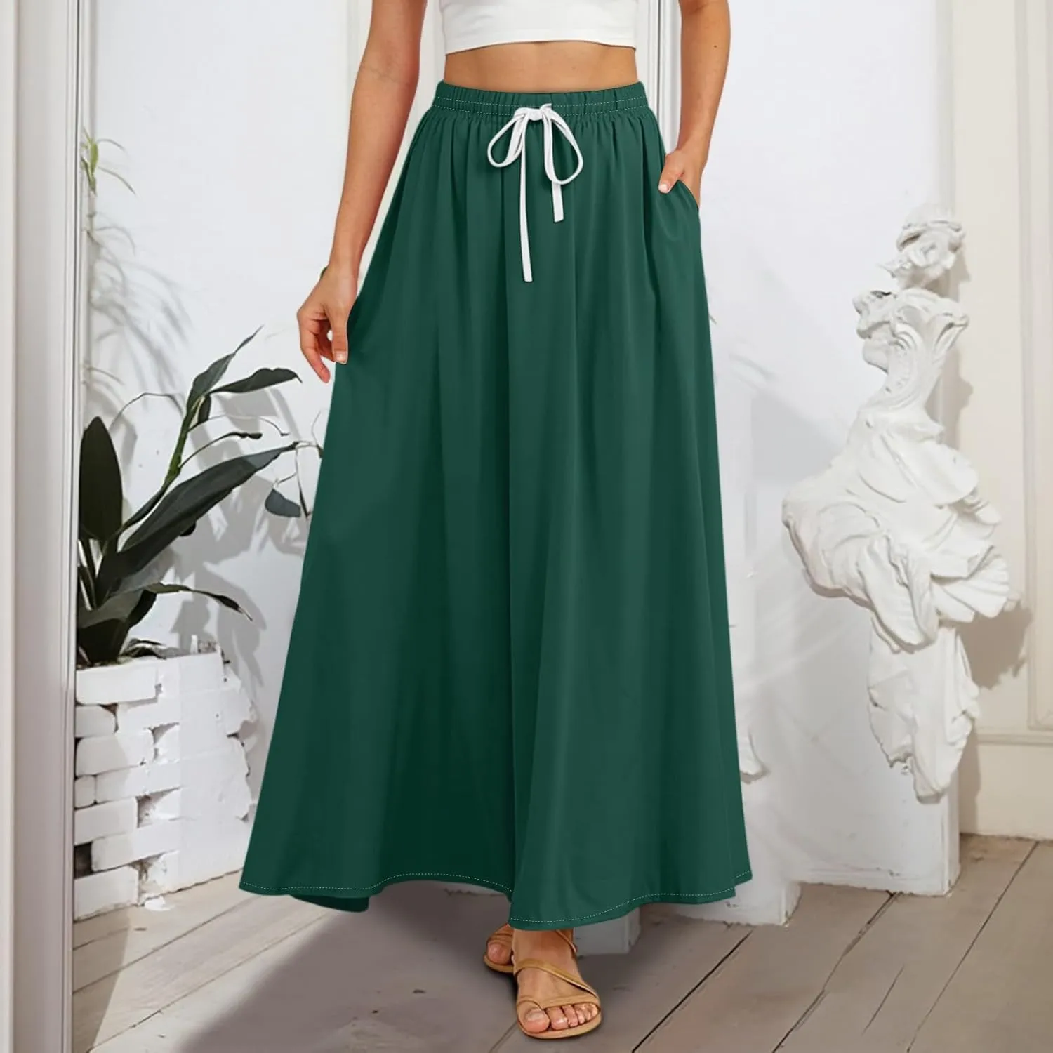 Maxi Floral Flare Skirts for Women 2025 Boho A Line Skirt Long Flowy Smocked High Elastic Waist Skort with Pockets