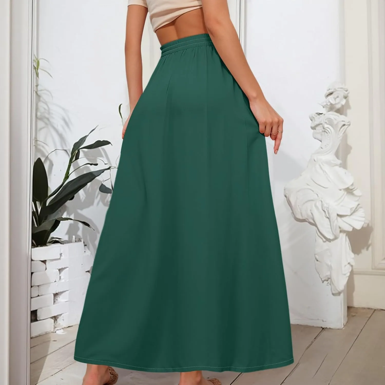 Maxi Floral Flare Skirts for Women 2025 Boho A Line Skirt Long Flowy Smocked High Elastic Waist Skort with Pockets