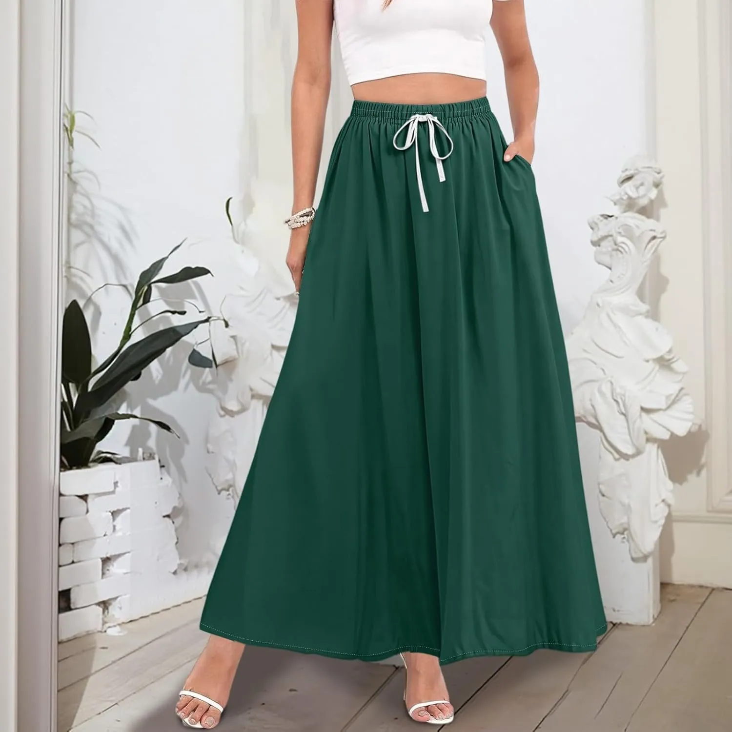 Maxi Floral Flare Skirts for Women 2025 Boho A Line Skirt Long Flowy Smocked High Elastic Waist Skort with Pockets