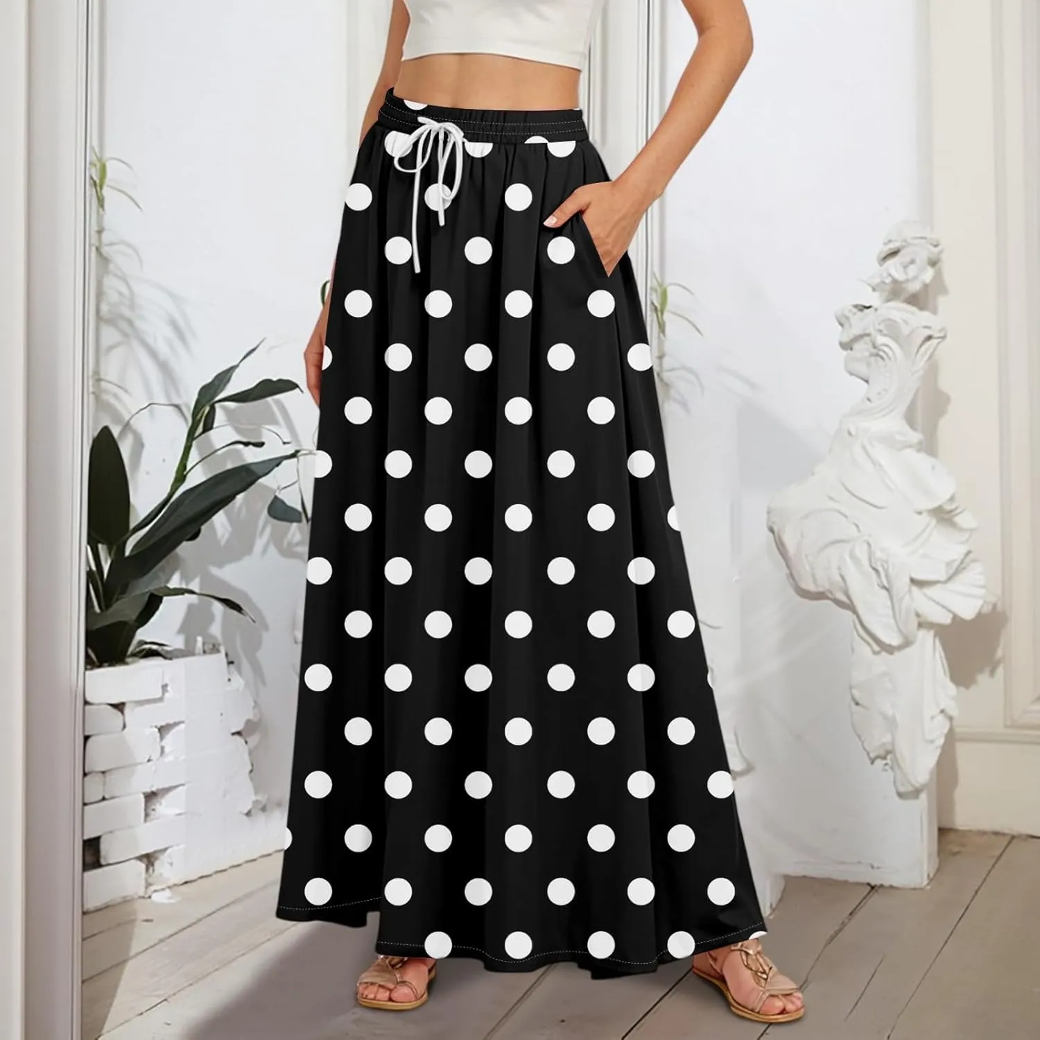 Maxi Floral Flare Skirts for Women 2025 Boho A Line Skirt Long Flowy Smocked High Elastic Waist Skort with Pockets