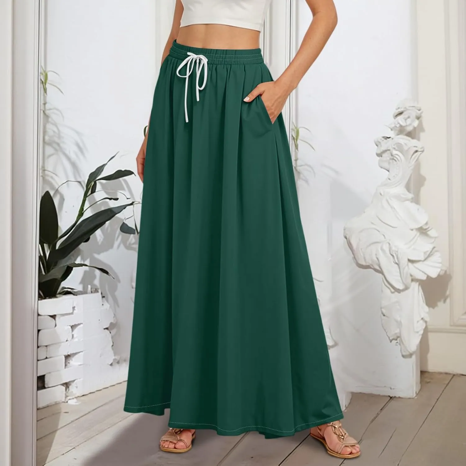 Maxi Floral Flare Skirts for Women 2025 Boho A Line Skirt Long Flowy Smocked High Elastic Waist Skort with Pockets