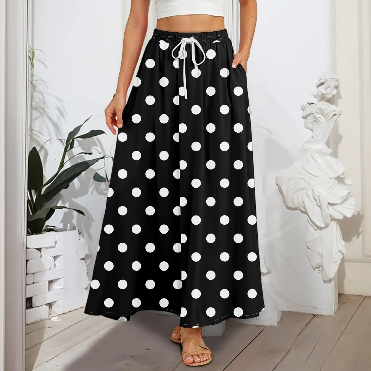 Maxi Floral Flare Skirts for Women 2025 Boho A Line Skirt Long Flowy Smocked High Elastic Waist Skort with Pockets