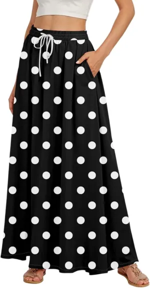 Maxi Floral Flare Skirts for Women 2025 Boho A Line Skirt Long Flowy Smocked High Elastic Waist Skort with Pockets