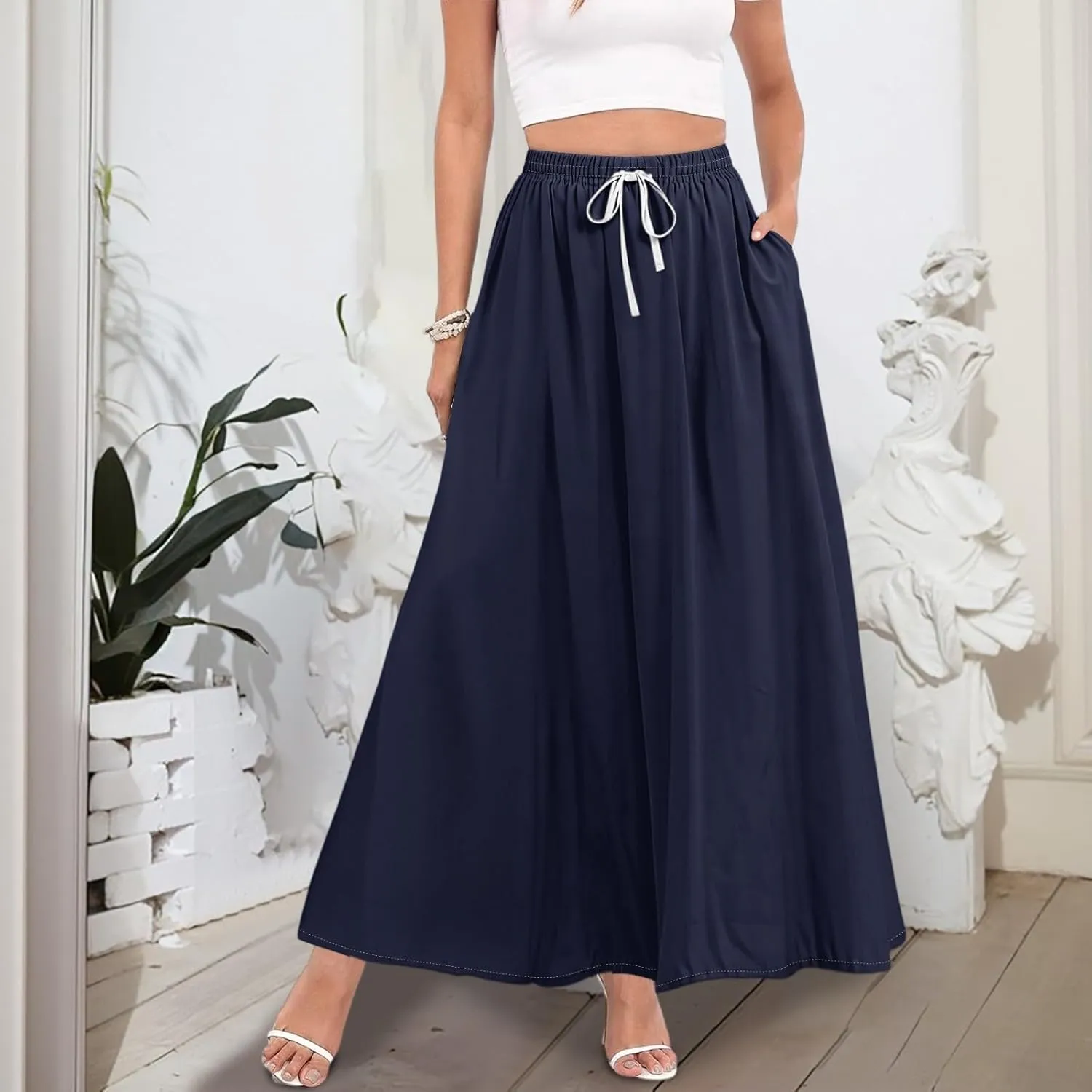 Maxi Floral Flare Skirts for Women 2025 Boho Long Flowy Smocked A Line Skirt High Elastic Waist Skort with Pockets