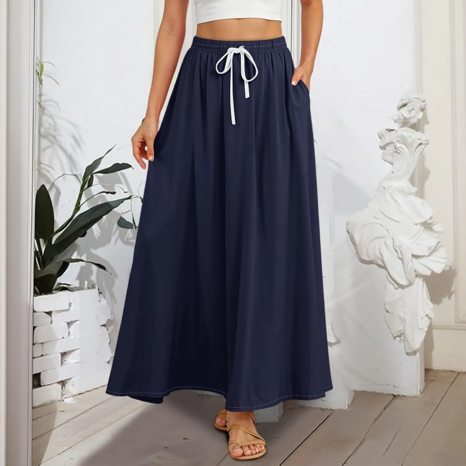 Maxi Floral Flare Skirts for Women 2025 Boho Long Flowy Smocked A Line Skirt High Elastic Waist Skort with Pockets