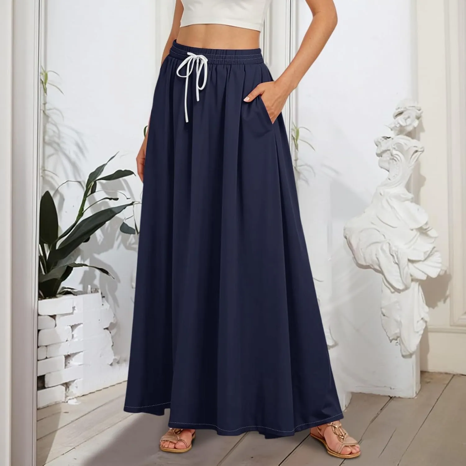 Maxi Floral Flare Skirts for Women 2025 Boho Long Flowy Smocked A Line Skirt High Elastic Waist Skort with Pockets