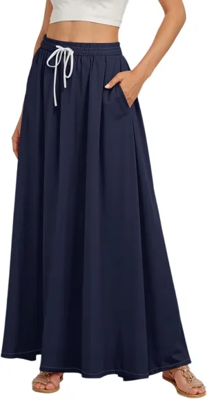 Maxi Floral Flare Skirts for Women 2025 Boho Long Flowy Smocked A Line Skirt High Elastic Waist Skort with Pockets