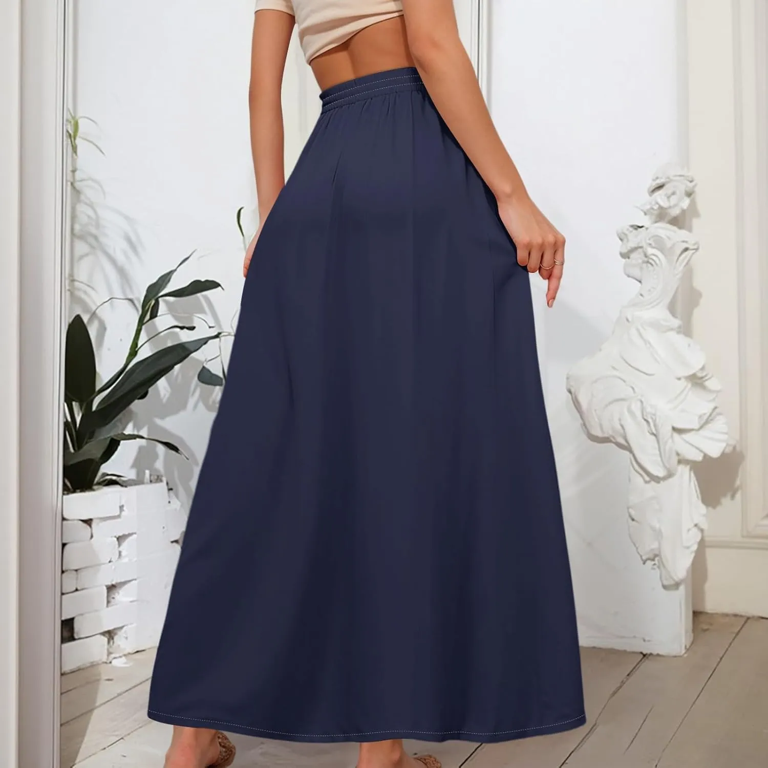 Maxi Floral Flare Skirts for Women 2025 Boho Long Flowy Smocked A Line Skirt High Elastic Waist Skort with Pockets