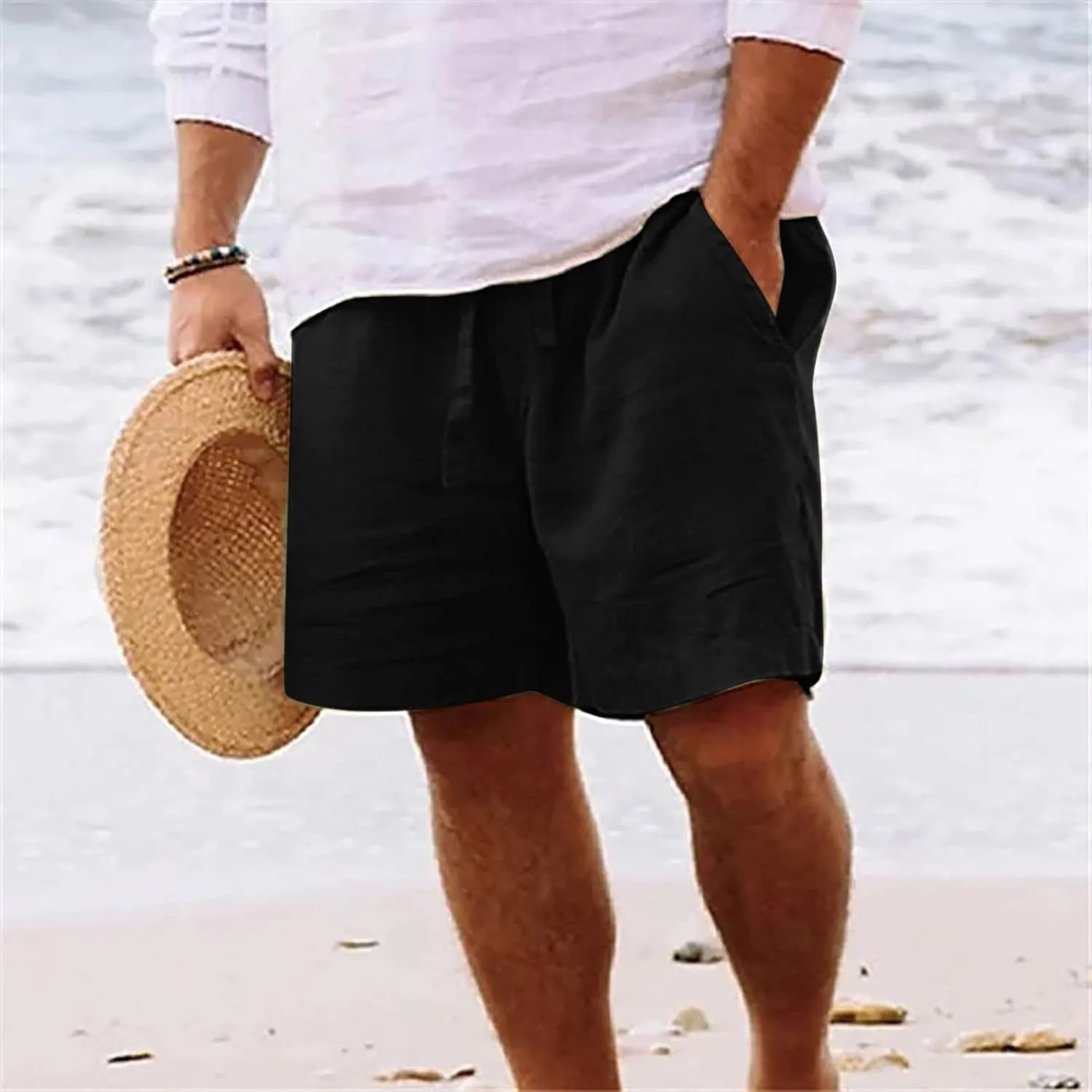 Men Linen Shorts Casual Elastic Waist Drawstring Cotton Linen Summer Beach Shorts with Pockets Loose Outdoor Shorts
