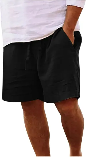 Men Linen Shorts Casual Elastic Waist Drawstring Cotton Linen Summer Beach Shorts with Pockets Loose Outdoor Shorts