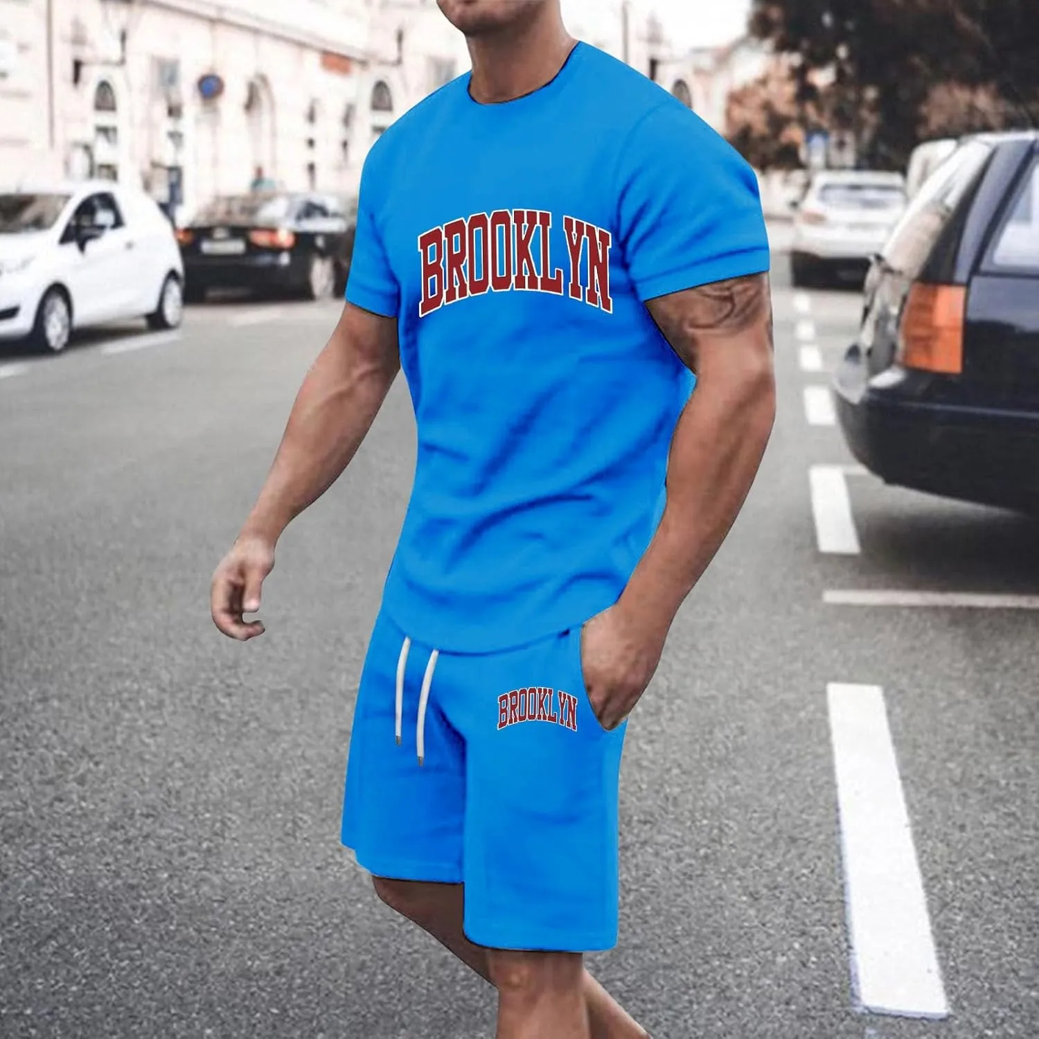 Mens 2 Piece Outfits Summer Brooklyn Print Shirt and Short Sets Vacation Beachwear Muscle Workout Casual Tracksuits