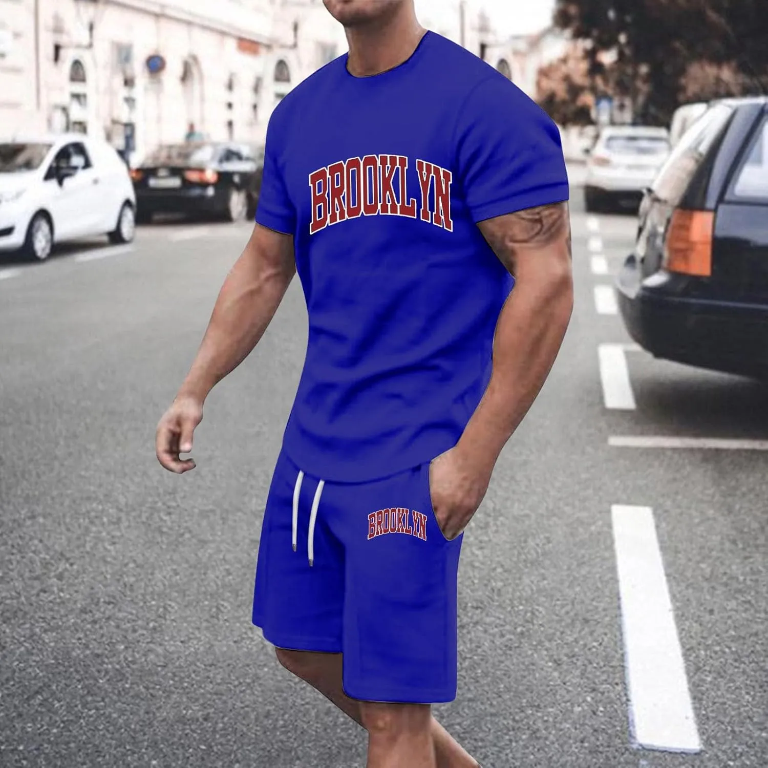 Mens 2 Piece Outfits Summer Brooklyn Print Shirt and Short Sets Vacation Beachwear Muscle Workout Casual Tracksuits