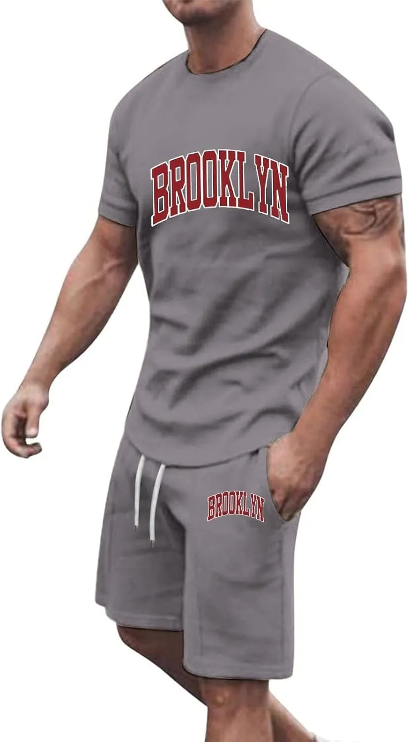 Mens 2 Piece Outfits Summer Brooklyn Print Shirt and Short Sets Vacation Beachwear Muscle Workout Casual Tracksuits