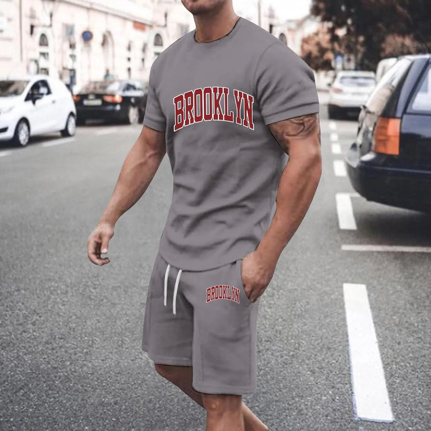 Mens 2 Piece Outfits Summer Brooklyn Print Shirt and Short Sets Vacation Beachwear Muscle Workout Casual Tracksuits
