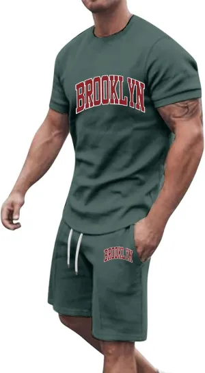 Mens 2 Piece Outfits Summer Brooklyn Print Shirt and Short Sets Vacation Beachwear Muscle Workout Casual Tracksuits