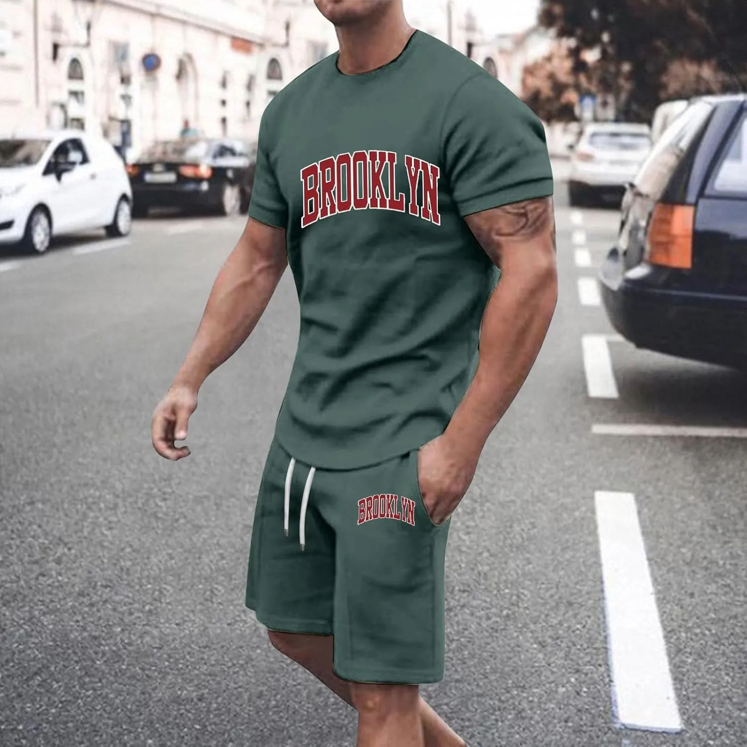 Mens 2 Piece Outfits Summer Brooklyn Print Shirt and Short Sets Vacation Beachwear Muscle Workout Casual Tracksuits