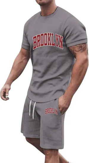 Mens 2 Piece Outfits Summer Brooklyn Print Shirt and Short Sets Vacation Beachwear Muscle Workout Casual Tracksuits