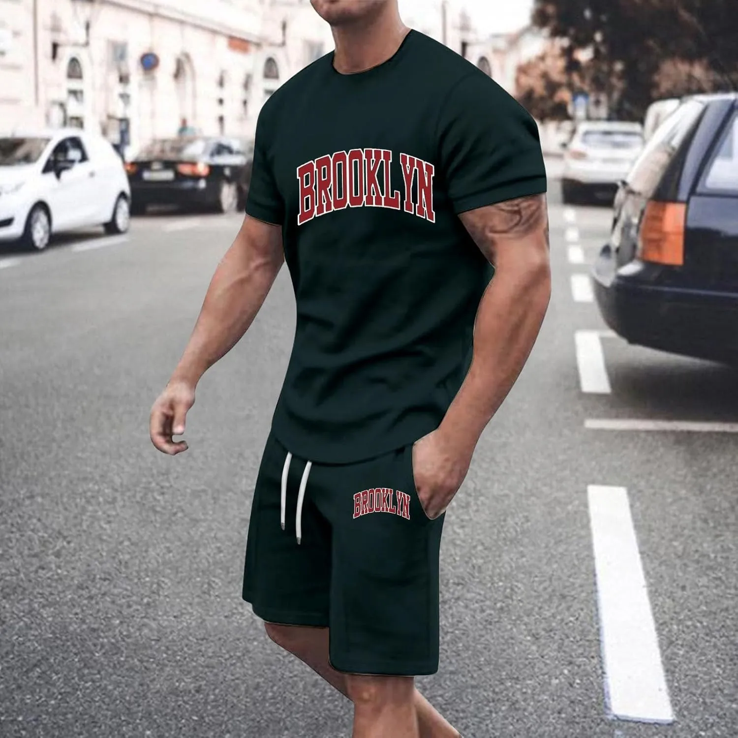 Mens 2 Piece Outfits Summer Brooklyn Print Shirt and Short Sets Vacation Beachwear Muscle Workout Casual Tracksuits