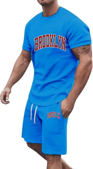 Mens 2 Piece Outfits Summer Brooklyn Print Shirt and Short Sets Vacation Beachwear Muscle Workout Casual Tracksuits