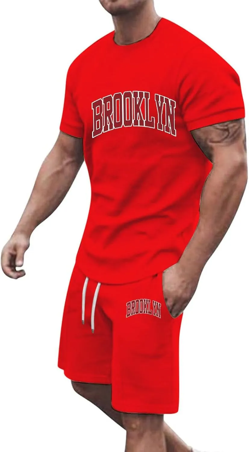 Mens 2 Piece Outfits Summer Brooklyn Print Shirt and Short Sets Vacation Beachwear Muscle Workout Casual Tracksuits