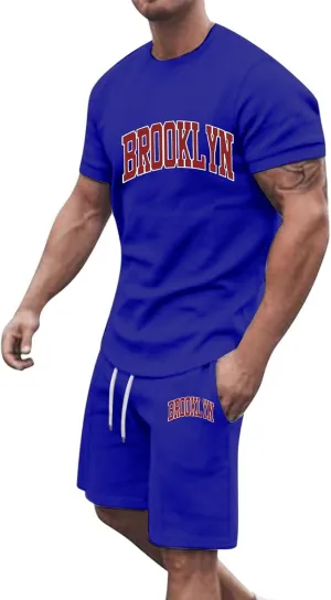 Mens 2 Piece Outfits Summer Brooklyn Print Shirt and Short Sets Vacation Beachwear Muscle Workout Casual Tracksuits