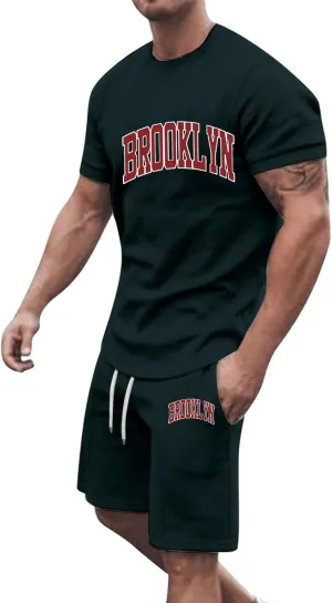 Mens 2 Piece Outfits Summer Brooklyn Print Shirt and Short Sets Vacation Beachwear Muscle Workout Casual Tracksuits