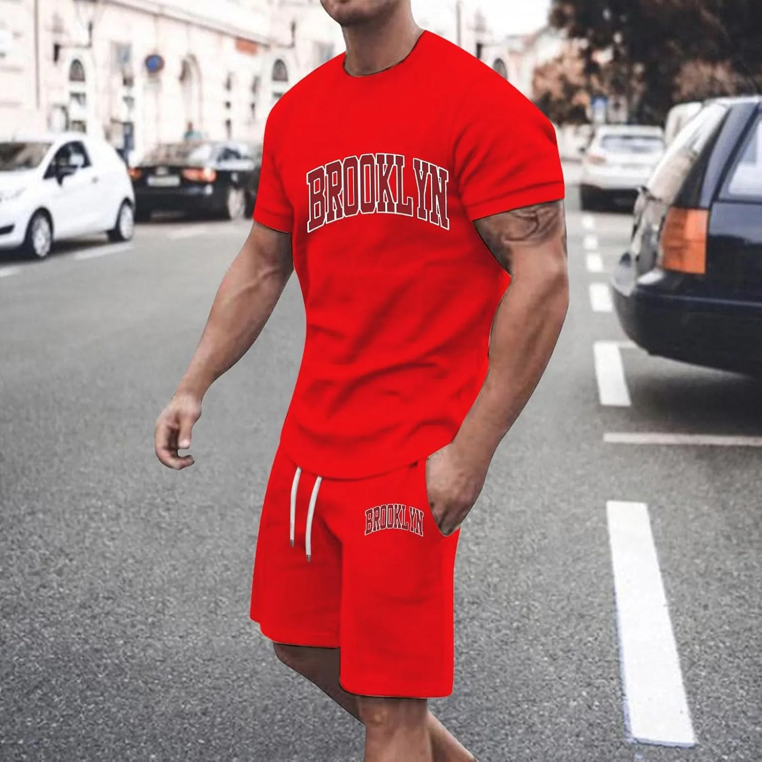 Mens 2 Piece Outfits Summer Brooklyn Print Shirt and Short Sets Vacation Beachwear Muscle Workout Casual Tracksuits