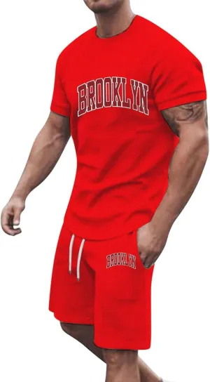 Mens 2 Piece Outfits Summer Brooklyn Print Shirt and Short Sets Vacation Beachwear Muscle Workout Casual Tracksuits