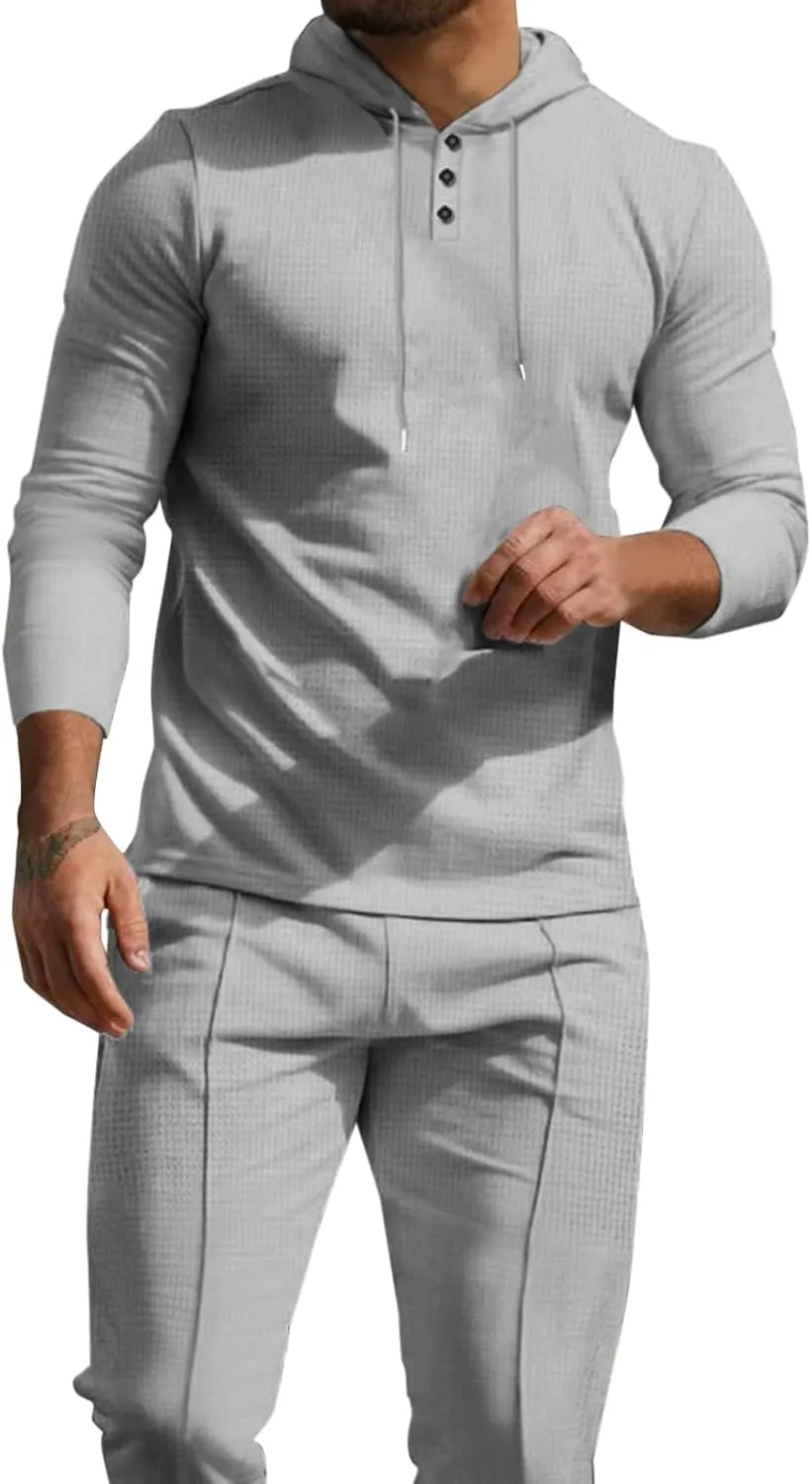 Men's Casual Active Tracksuits Leisure Hooded Solid Color Sweatshirt Long Men's Tracksuit 2 Piece Hooded Athletic