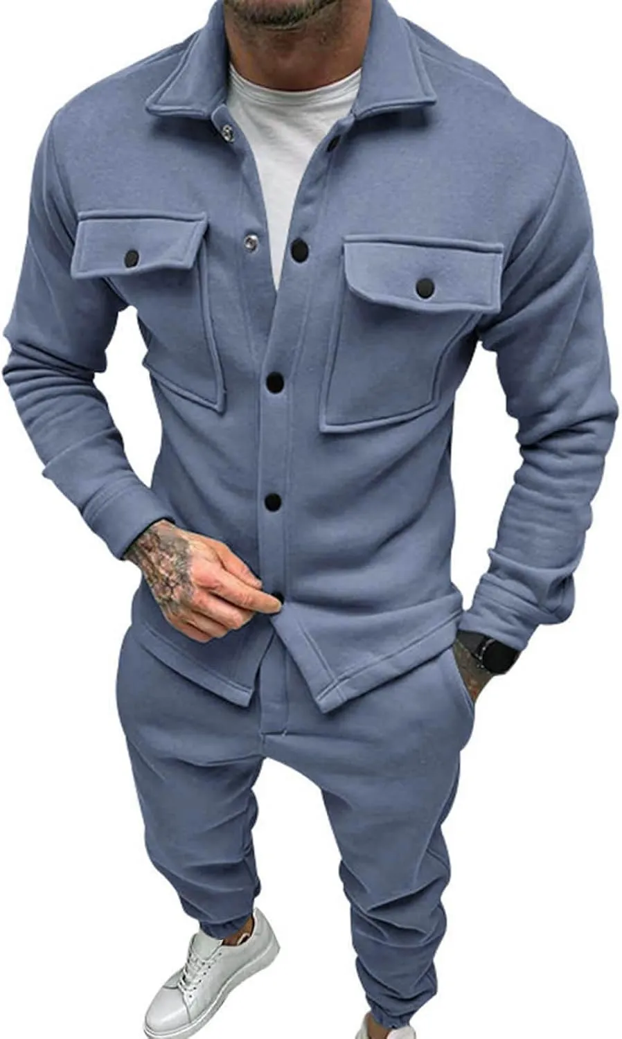 Men's Casual Tracksuit Athletic Sweatsuits Suit Roll Sleeve Shirt Pants Set Men's Tracksuit Sweatsuits 2 Piece Set