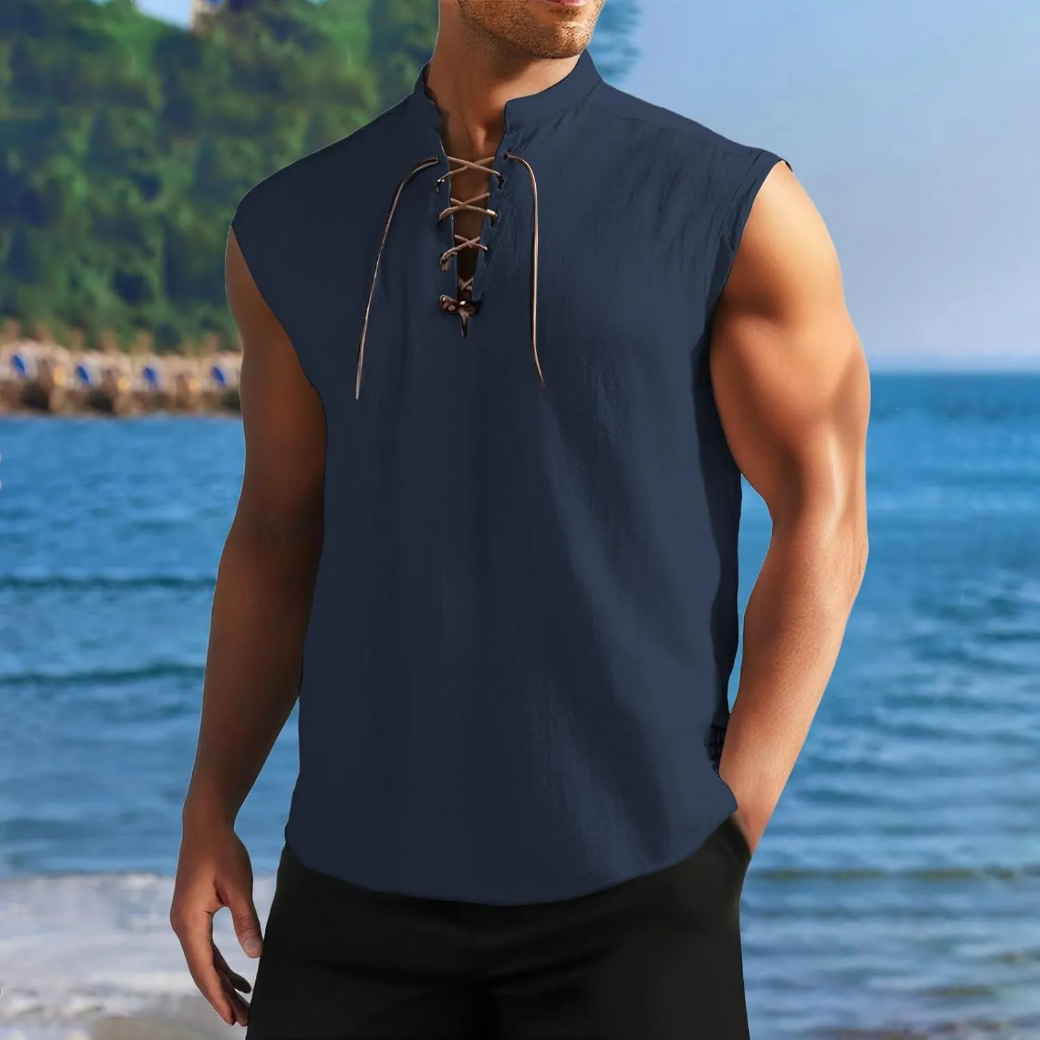 Men's Cotton Linen Tank Tops Workout Lace Up Sleeveless Shirts Bodybuilding Fitted Muscle Cut Off Shirt Vest Retro