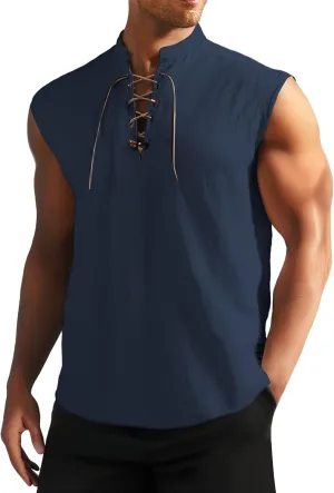 Men's Cotton Linen Tank Tops Workout Lace Up Sleeveless Shirts Bodybuilding Fitted Muscle Cut Off Shirt Vest Retro