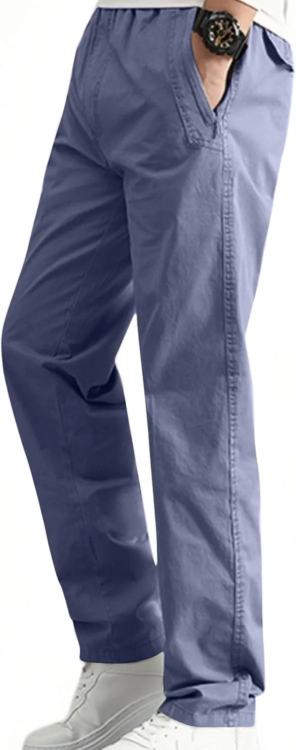 Men's Cotton Stretch Pant Casual Elastic Waist Cargo Hiking Pants Plus Size Slim Straight Legs Work with Pocket