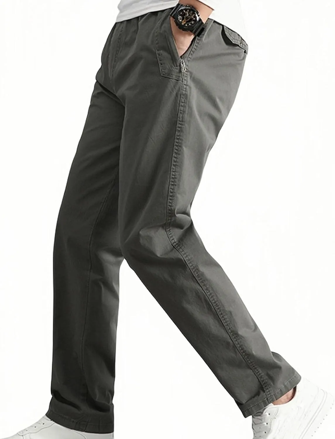 Men's Cotton Stretch Pant Casual Elastic Waist Cargo Hiking Pants Plus Size Slim Straight Legs Work with Pocket