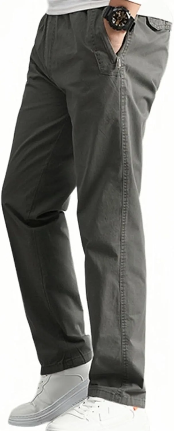Men's Cotton Stretch Pant Casual Elastic Waist Cargo Hiking Pants Plus Size Slim Straight Legs Work with Pocket