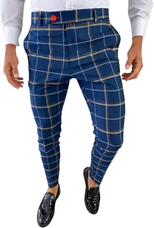 Mens Fashion Plaid Dress Pencil Pants Slim Fit Stretch Flat-Front Business Suit Pants Business Work Chinos Golf Pant
