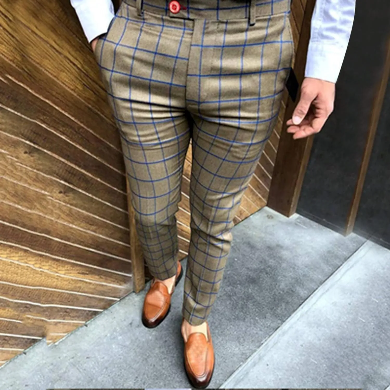 Mens Fashion Plaid Dress Pencil Pants Slim Fit Stretch Flat-Front Business Suit Pants Business Work Chinos Golf Pant