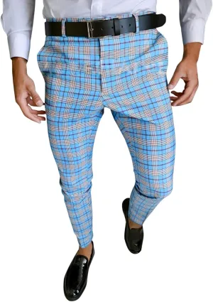 Mens Fashion Plaid Dress Pencil Pants Slim Fit Stretch Flat-Front Business Suit Pants Business Work Chinos Golf Pant