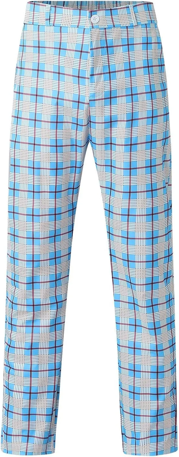 Mens Fashion Plaid Dress Pencil Pants Slim Fit Stretch Flat-Front Business Suit Pants Business Work Chinos Golf Pant
