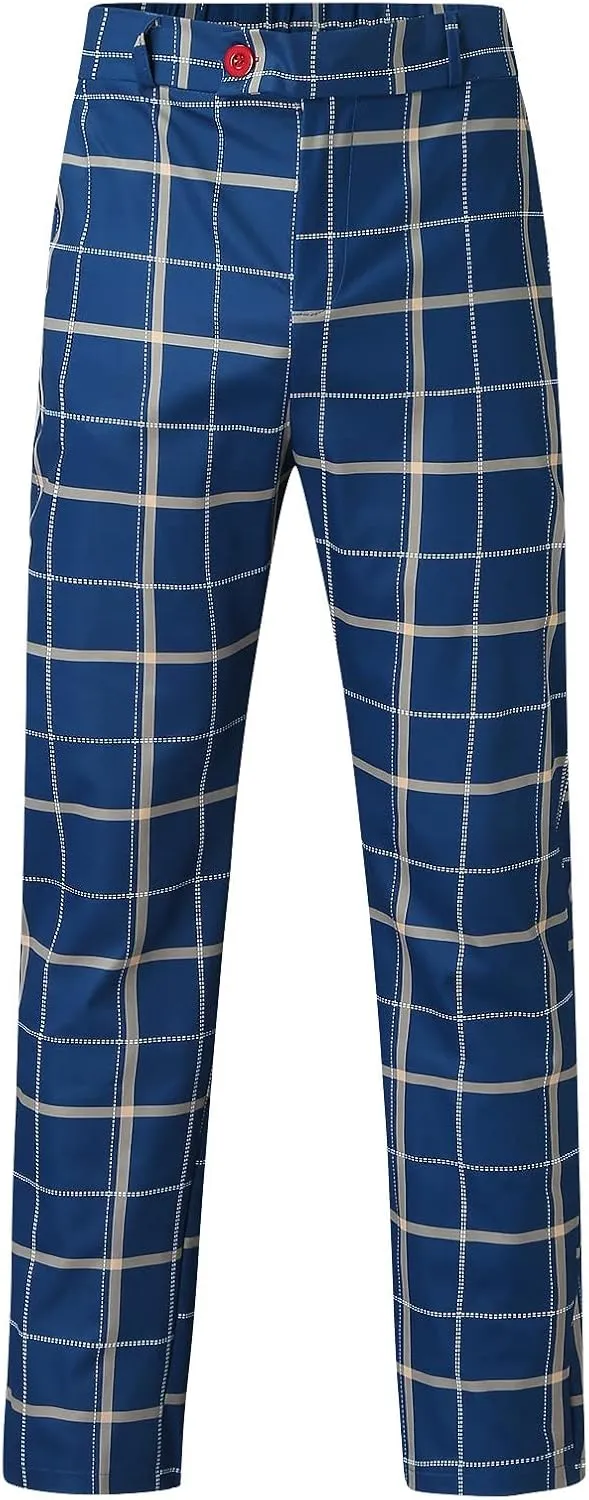 Mens Fashion Plaid Dress Pencil Pants Slim Fit Stretch Flat-Front Business Suit Pants Business Work Chinos Golf Pant