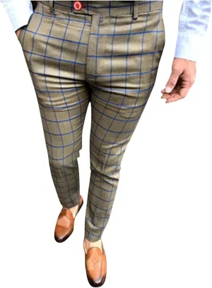Mens Fashion Plaid Dress Pencil Pants Slim Fit Stretch Flat-Front Business Suit Pants Business Work Chinos Golf Pant