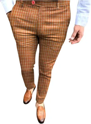 Mens Fashion Plaid Dress Pencil Pants Slim Fit Stretch Flat-Front Business Suit Pants Business Work Chinos Golf Pant