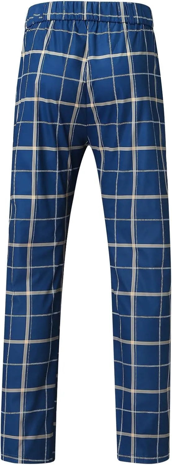 Mens Fashion Plaid Dress Pencil Pants Slim Fit Stretch Flat-Front Business Suit Pants Business Work Chinos Golf Pant